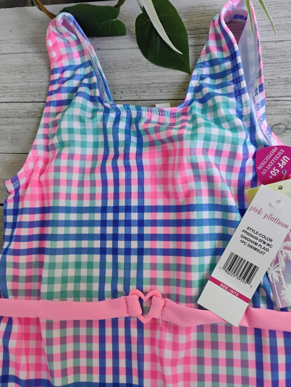 Gingham One-Piece Swimsuit Pink Platinum Size 10 /12 & Free Pair Of Swim Goggles